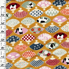 *Japanese - Cosmo Decorative Fans & Tuxedo Cats - AP45903-1A-Mustard - By the Half Yard