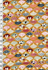*Japanese - Cosmo Decorative Fans & Tuxedo Cats - AP45903-1A-Mustard - By the Half Yard
