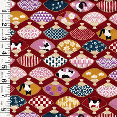 *Japanese - Cosmo Decorative Fans & Tuxedo Cats - AP45903-1C-Red - By the Half Yard