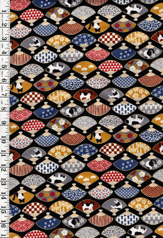 *Japanese - Cosmo Decorative Fans & Tuxedo Cats - AP45903-1E-Black - By the Half Yard