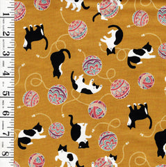 *Japanese - Cosmo Temari Balls & Tuxedo Cats - AP45903-2A-Mustard - By the Half Yard