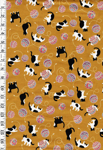 *Japanese - Cosmo Temari Balls & Tuxedo Cats - AP45903-2A-Mustard - By the Half Yard