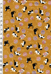 *Japanese - Cosmo Temari Balls & Tuxedo Cats - AP45903-2A-Mustard - By the Half Yard