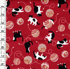 *Japanese - Cosmo Temari Balls & Tuxedo Cats - AP45903-2C-Red - By the Half Yard