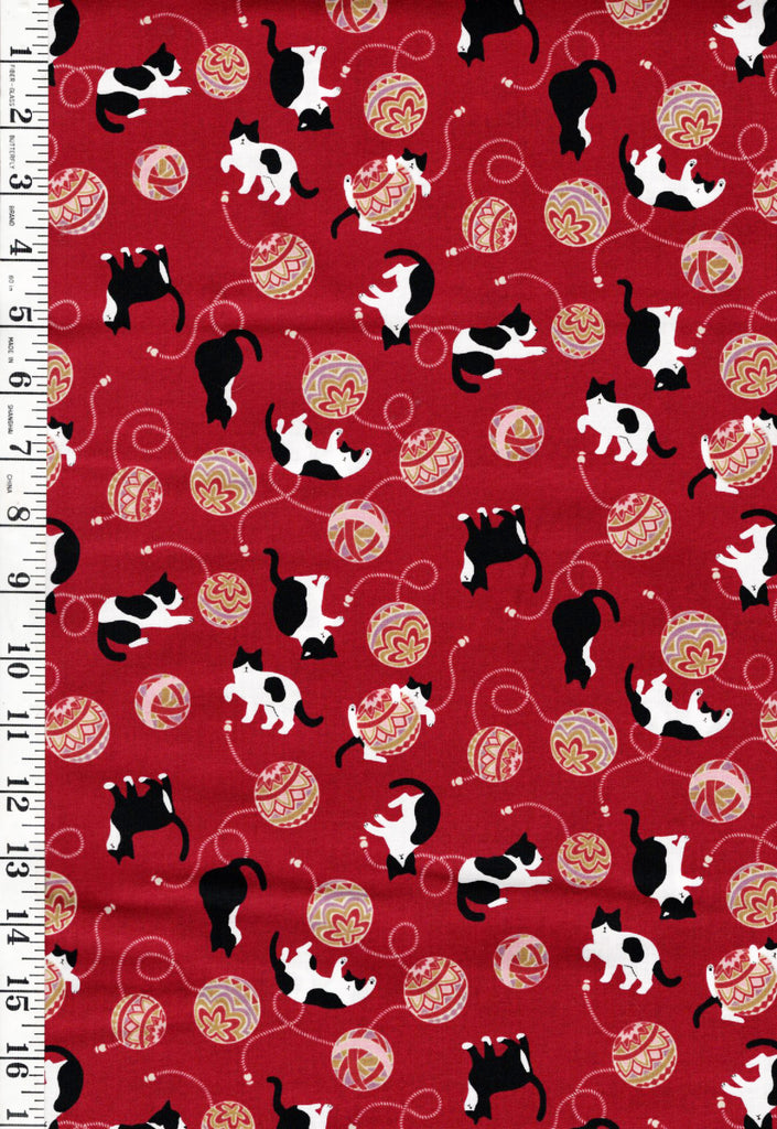 *Japanese - Cosmo Temari Balls & Tuxedo Cats - AP45903-2C-Red - By the Half Yard