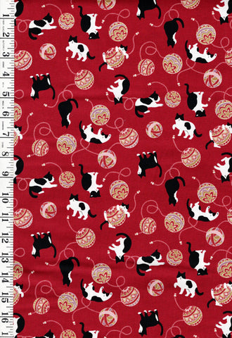 *Japanese - Cosmo Temari Balls & Tuxedo Cats - AP45903-2C-Red - By the Half Yard