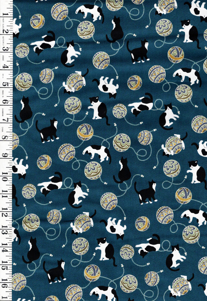 *Japanese - Cosmo Tuxedo Cats & Temari Balls - AP45903-2 - DARK TEAL - By the Half Yard