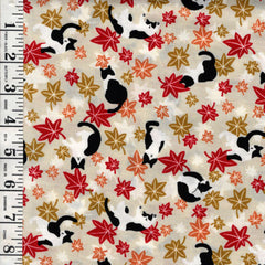 *Japanese - Cosmo Small Floating Maple Leaves & Tuxedo Cats - AP55902-1A-Flax - By the Half Yard