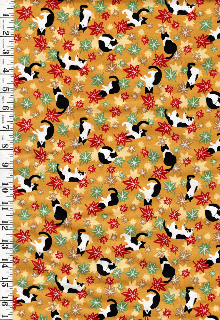 *Japanese - Cosmo Small Floating Maple Leaves & Tuxedo Cats - AP55902-1C-Mustard - By the Half Yard (Copy)