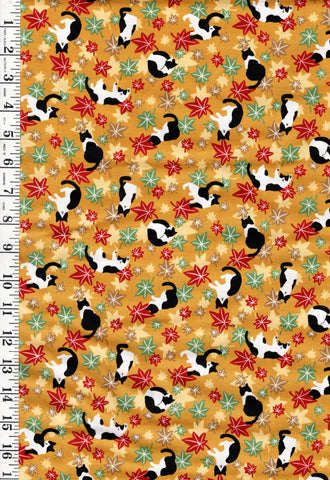 *Japanese - Cosmo Small Floating Maple Leaves & Tuxedo Cats - AP55902-1C-Mustard - By the Half Yard (Copy)