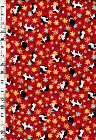 *Japanese - Cosmo Small Floating Maple Leaves & Tuxedo Cats - AP55902-1D-Red - By the Half Yard