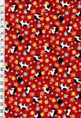 *Japanese - Cosmo Small Floating Maple Leaves & Tuxedo Cats - AP55902-1D-Red - By the Half Yard