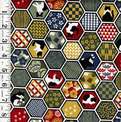*Japanese - Cosmo Decorative Hexagons & Tuxedo Cats - AP55902-2A-Green - By the Half Yard