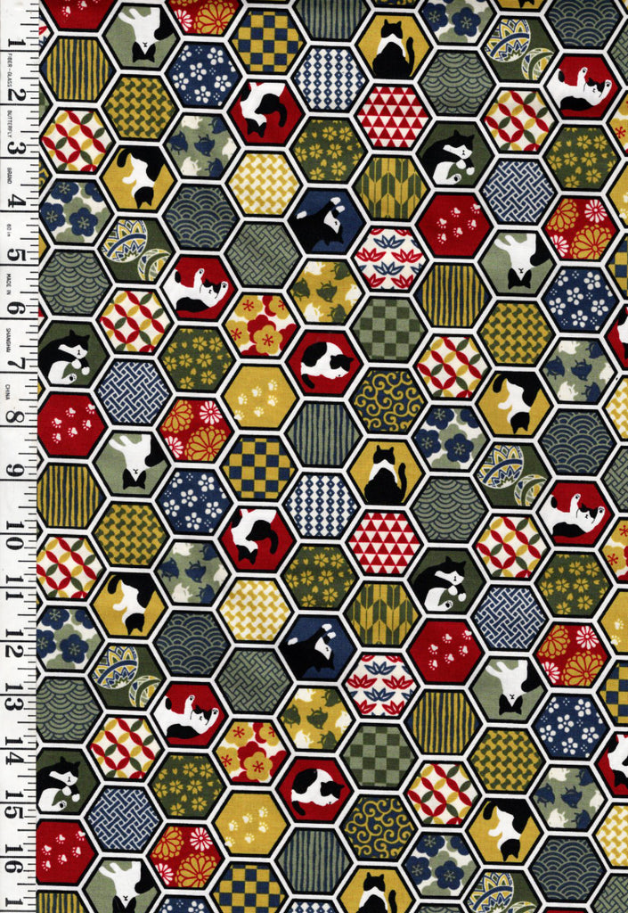 *Japanese - Cosmo Decorative Hexagons & Tuxedo Cats - AP55902-2A-Green - By the Half Yard