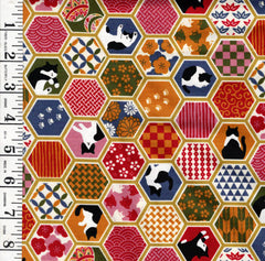 *Japanese - Cosmo Decorative Hexagons & Tuxedo Cats - AP55902-2C-Mustard - By the Half Yard
