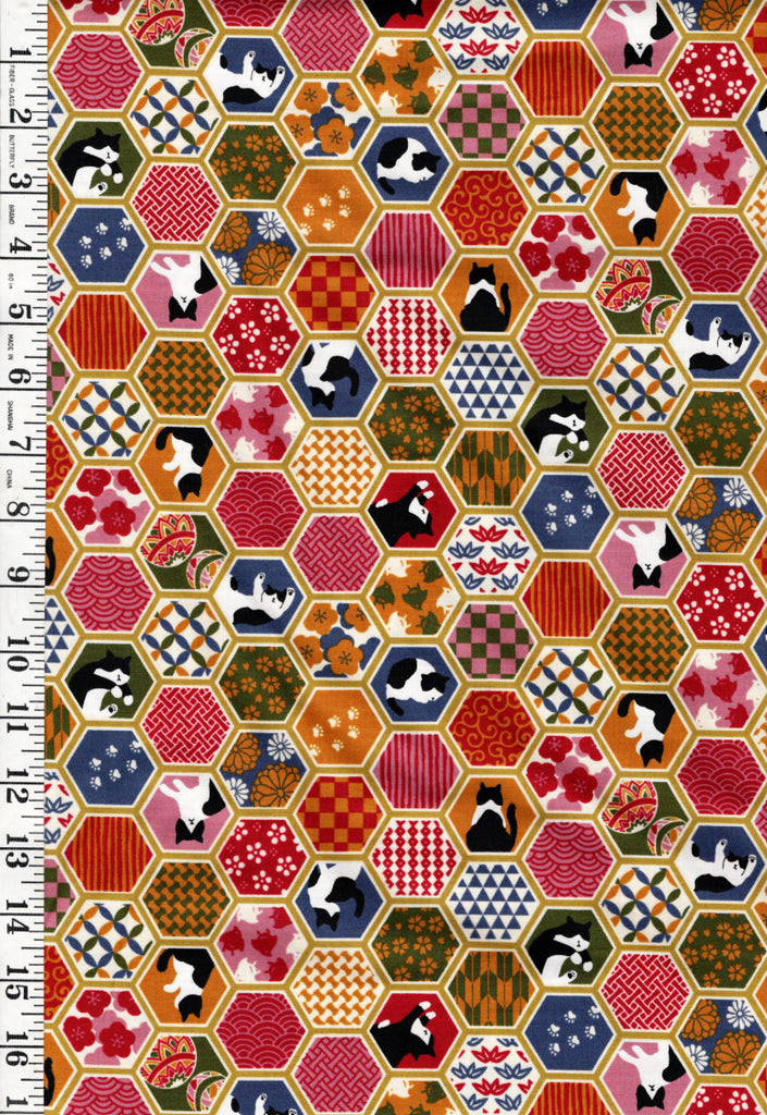 *Japanese - Cosmo Decorative Hexagons & Tuxedo Cats - AP55902-2C-Mustard - By the Half Yard