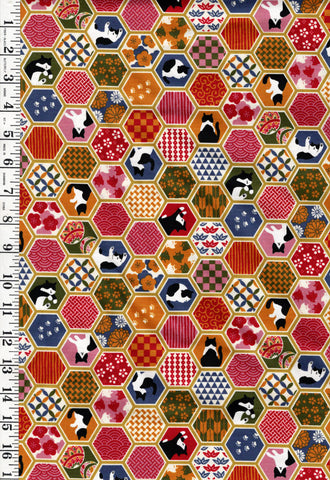 *Japanese - Cosmo Decorative Hexagons & Tuxedo Cats - AP55902-2C-Mustard - By the Half Yard