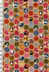 *Japanese - Cosmo Decorative Hexagons & Tuxedo Cats - AP55902-2C-Mustard - By the Half Yard