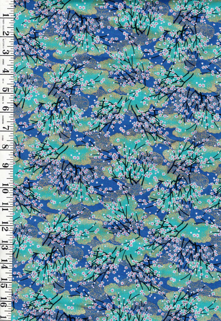 Japanese - Asano Small Blossoming Cherry Trees & Clouds - A-45000-68B - Blue - By the Half Yard