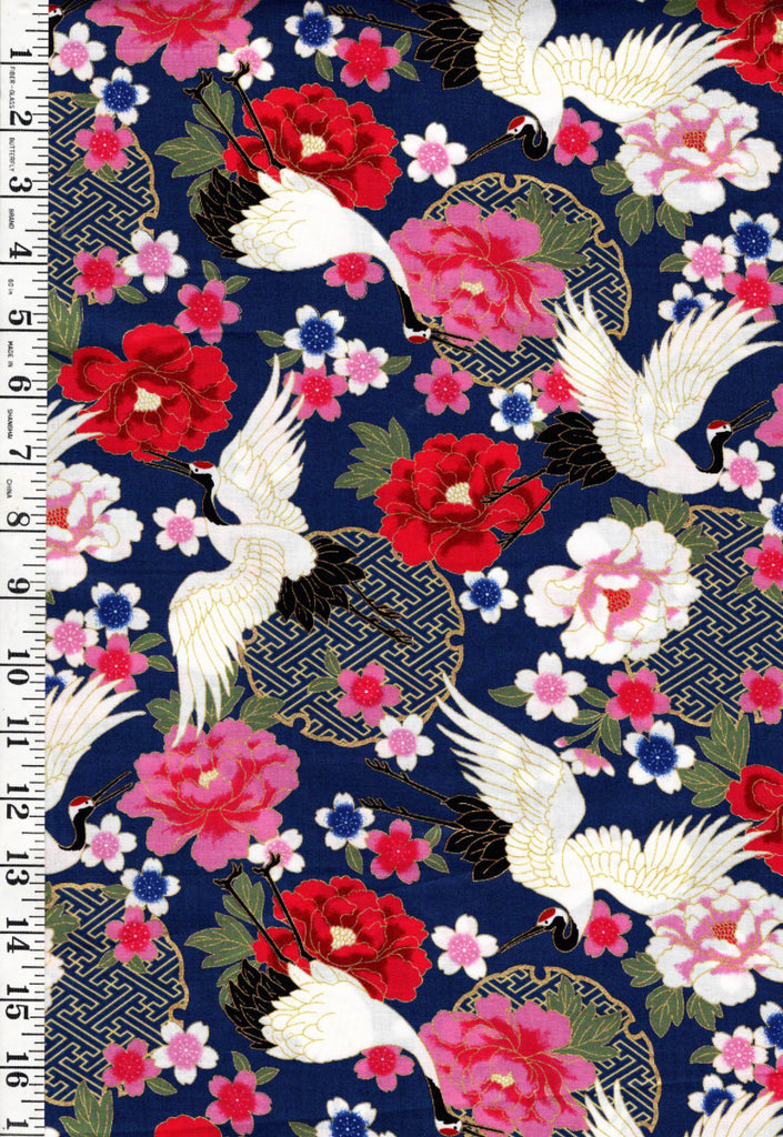 Japanese - Asano Cranes, Cherry Blossoms & Peonies - G500-1D-Navy - By the Half Yard