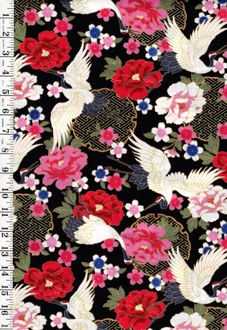 Japanese - Asano Cranes, Cherry Blossoms & Peonies - G500-1E-Black - By the Half Yard