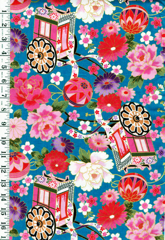 Japanese - Asano Flower Cart, Temari Balls & Peonies - G500-2A-Turquoise Blue - By the Half Yard