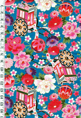 Japanese - Asano Flower Cart, Temari Balls & Peonies - G500-2A-Turquoise Blue - By the Half Yard
