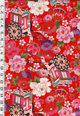 Japanese - Asano Flower Cart, Temari Balls & Peonies - G500-2C-Red - By the Half Yard