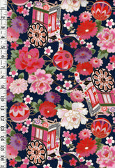 Japanese - Asano Flower Cart, Temari Balls & Peonies - G500-2D - Navy - By the Half Yard