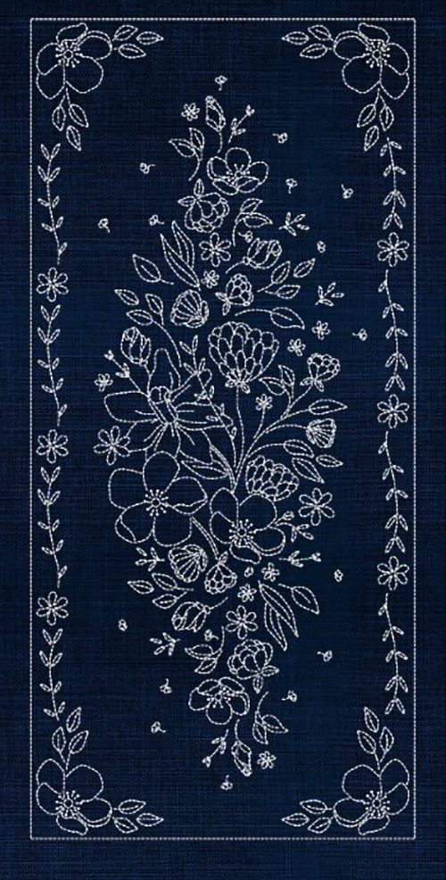 *Sashiko Pre-printed Panel - SASHIKO AUSTRALIA  - WILDFLOWERS - Indigo