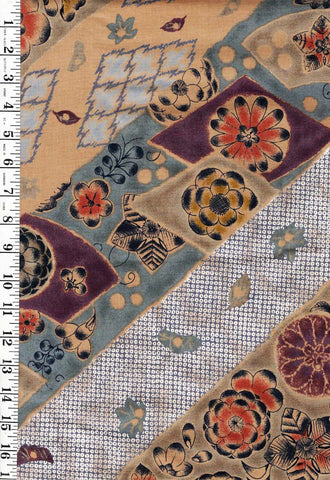 Japanese - Antique Look Mums & Daisies with Japanese Motifs - Tan & Indigo - Last 34 inch