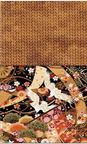 Asian - Compact Small Cranes & Floral Flower Cart & Tiny Bishamon - 2 HALF YARD BUNDLE (1 Yard Total)