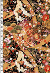 Asian - Compact Small Cranes & Floral Flower Cart & Tiny Bishamon - 2 HALF YARD BUNDLE (1 Yard Total)
