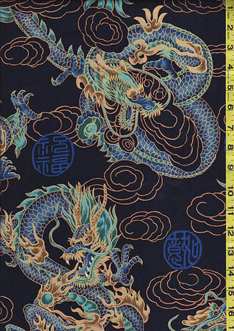 Asian - Fiery Dragons - Large Scale - Blue, Turquoise & Gold - Navy - BQ-11-800 - Last 2 7/8 Yards