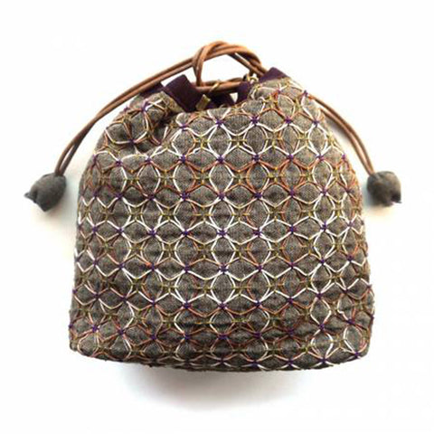 QH Textiles - Sashiko Drawstring Bag - Weaving Hydrangea - FULL Purse Kit with Koki - BROWN - FK33