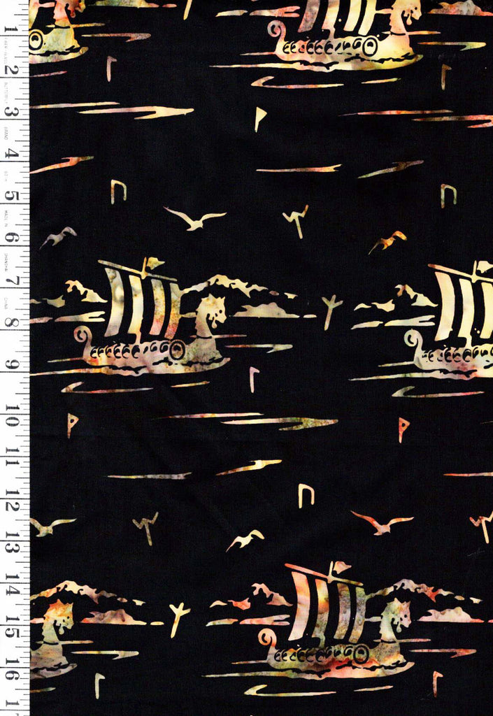 Batik - Viking Ships & Seagulls - Black - Last 1 yard