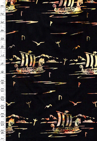 Batik - Viking Ships & Seagulls - Black - Last 1 yard