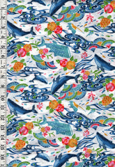 *Japanese - Cosmo Okinawa Bingata Style - Whales, Turtles & Hibiscus - AP52109-2A - White - By the Half Yard