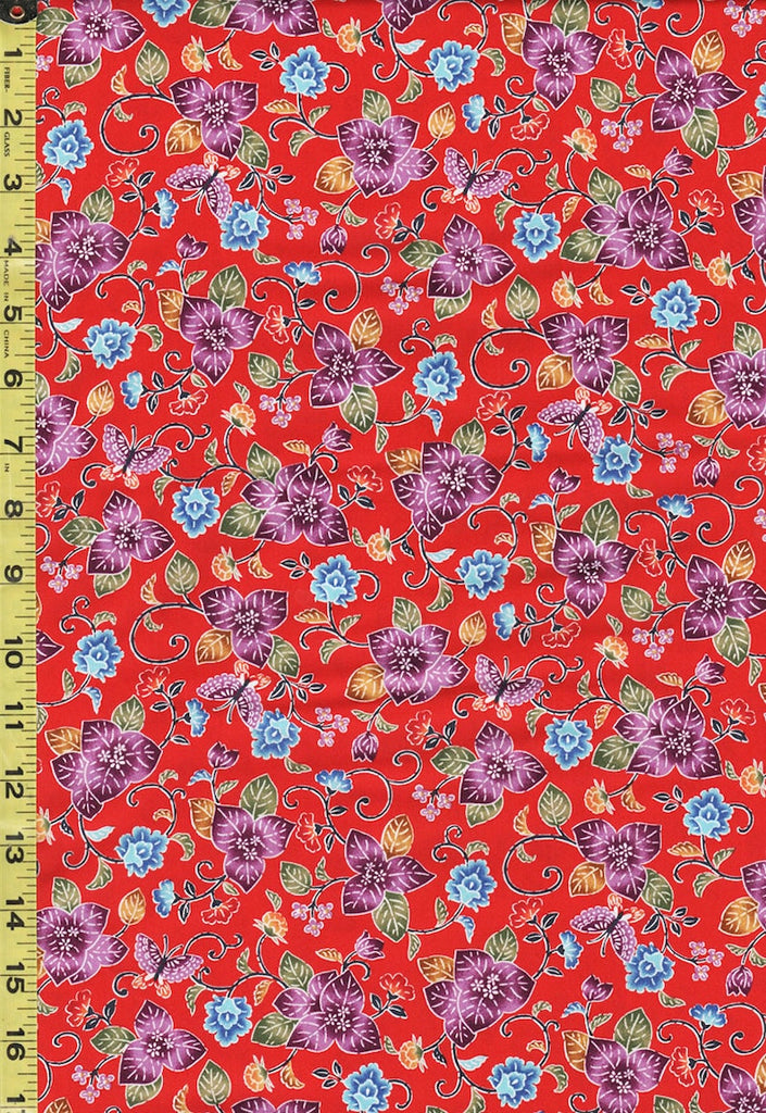 *Japanese - Cosmo Okinawa Bingata Style - Pretty Leafy Floral & Small Butterflies - AP35904-1D - Red