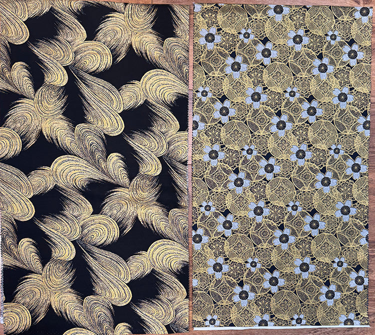 Kona Bay - Swirls & Cherry Blossoms Medallions - Black & Gold Metallic - 2 pieces - 12" x 44"