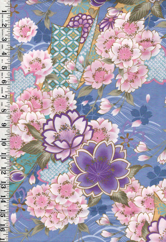 Asian - Kona Bay - Beautiful Cherry Blossom Clusters - Sateen - Periwinkle - Last 1 1/2 yards