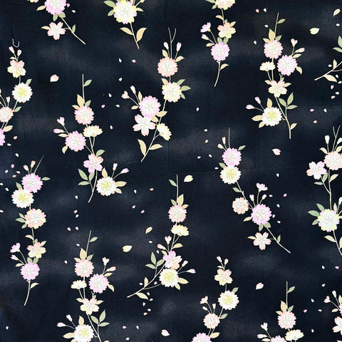 Furoshiki - Japanese Wrapping Cloth - Pretty Floral Blossoms - Black - ONE ONLY