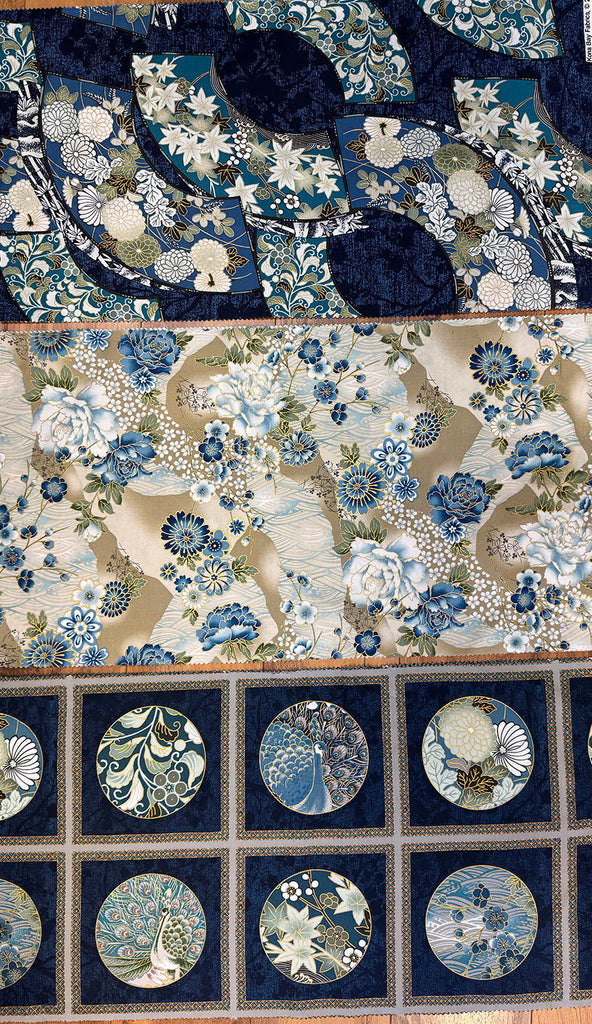 Kona Bay - Peonies, Mums, Floral Fans & Circle Squares - 3 pieces - 1/3 yard each (12" x 44") - Blue