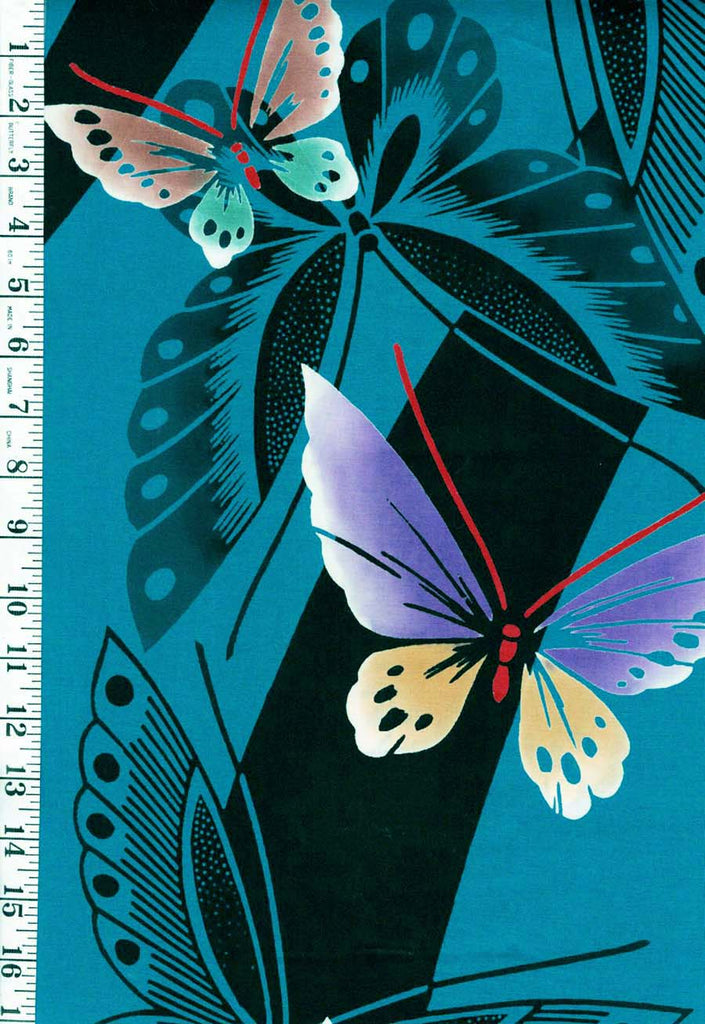 *Yukata Fabric - 999 - Colorful Butterflies - Traditional 14" wide - Bright Turquoise Blue