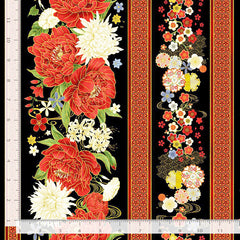 *Asian - LOTUS GARDEN - Pretty Floral Stripe - CM3662 - Black - By the Half Yard