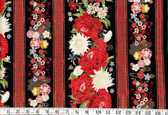 *Asian - LOTUS GARDEN - Pretty Floral Stripe - CM3662 - Black - By the Half Yard