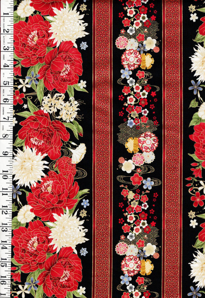 *Asian - LOTUS GARDEN - Pretty Floral Stripe - CM3662 - Black - By the Half Yard