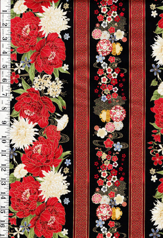 *Asian - LOTUS GARDEN - Pretty Floral Stripe - CM3662 - Black - By the Half Yard