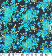 *Asian - Ornate Peacock & Floral Garden - Plume 8662 - Black - By the Yard