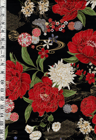 *Asian - LOTUS GARDEN - Floral Garden & River Swirls - CM3661 - Black - By the Half Yard